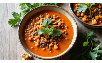 Mesa rústica con cuencos de pasta de lentejas, calabacín asado y hierbas frescas, con luz natural.