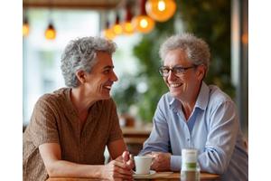 Dos personas de mediana edad conversando y riendo en una cafetería, simbolizando comunidad y experiencias.