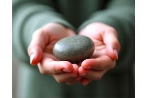 Manos de una persona sosteniendo suavemente una piedra lisa mientras medita, con enfoque en la calma.