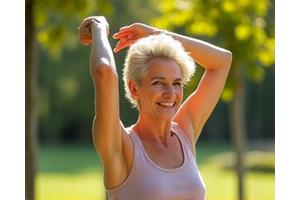 Persona de mediana edad sonriendo y haciendo estiramientos suaves al aire libre en un parque soleado.