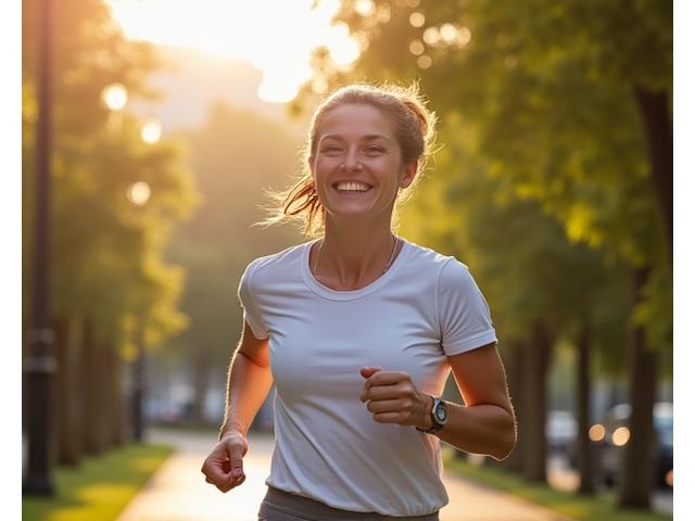 Mujer sonriendo y haciendo ejercicio al aire libre, representando un estilo de vida saludable y transformación personal.