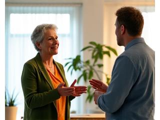 Coach de vida sonriendo y gesticulando positivamente en una sesión de coaching virtual, transmitiendo inspiración.