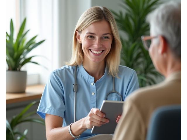 Un experto amable sonríe mientras atiende a un paciente en una videollamada, mostrando la facilidad y personalización de las consultas de VidayBien.