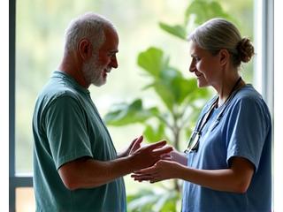 Médico de medicina integrativa explicando un concepto holístico a un paciente en un entorno de consulta agradable.