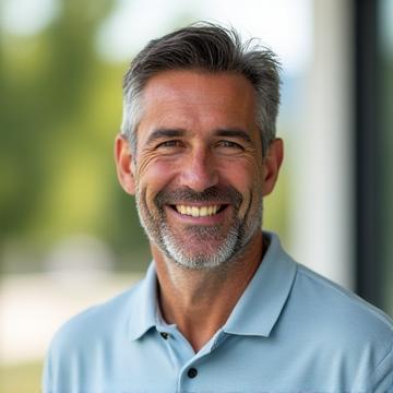Retrato de Marcos Ruíz, un sonriente coach de bienestar de VidayBien, con ropa deportiva en un espacio de entrenamiento moderno.