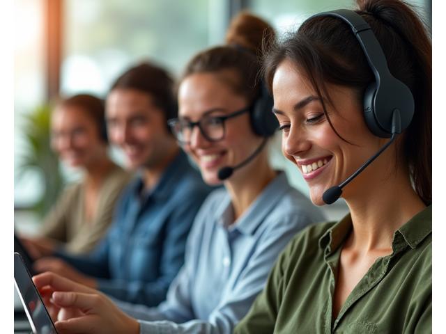 Miembros del equipo de VidayBien sonriendo, listos para ayudar y ofrecer soporte en un entorno de oficina moderno.