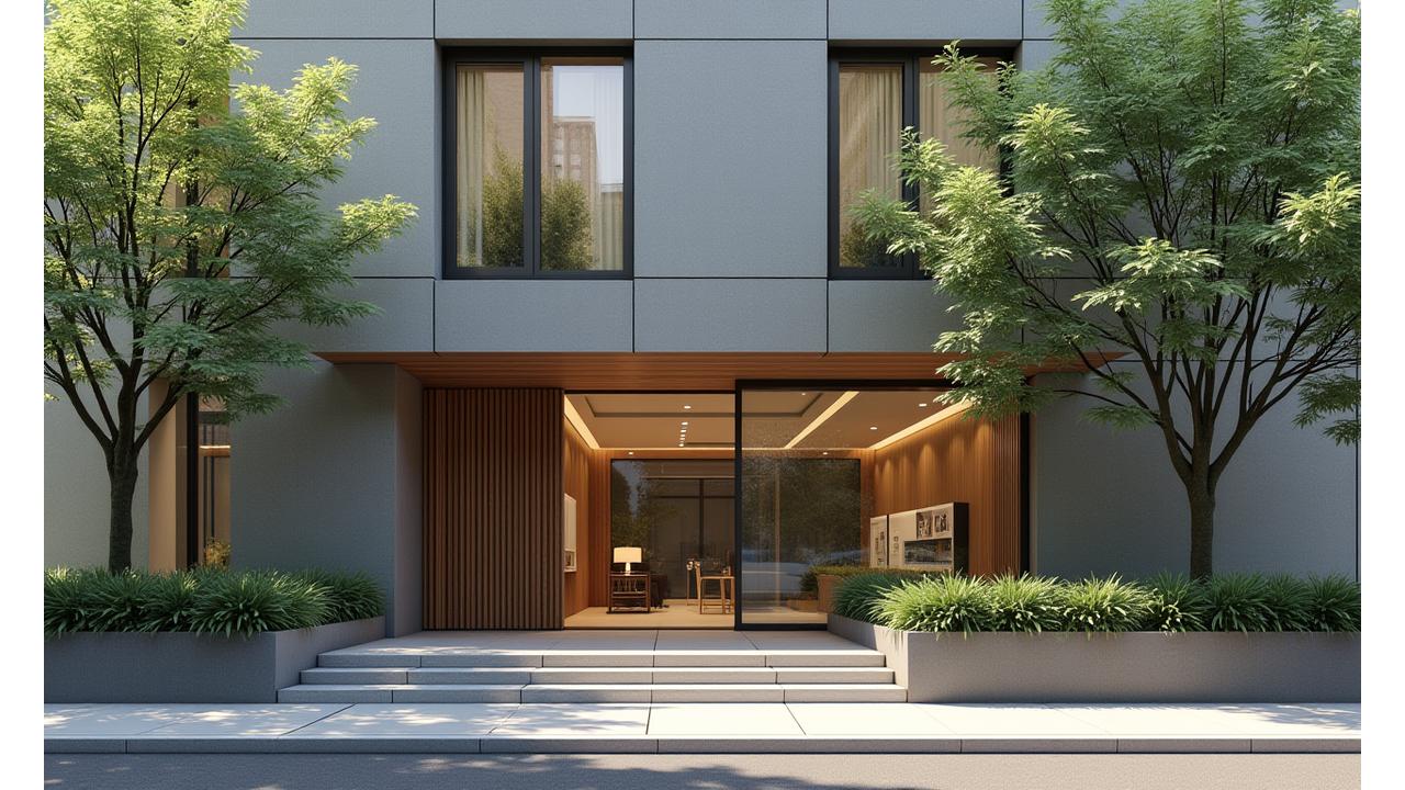 Exterior moderno y acogedor de la oficina de VidayBien en Madrid, con entrada amplia y luminosa, transmitiendo tranquilidad. Detalles verdes y madera.