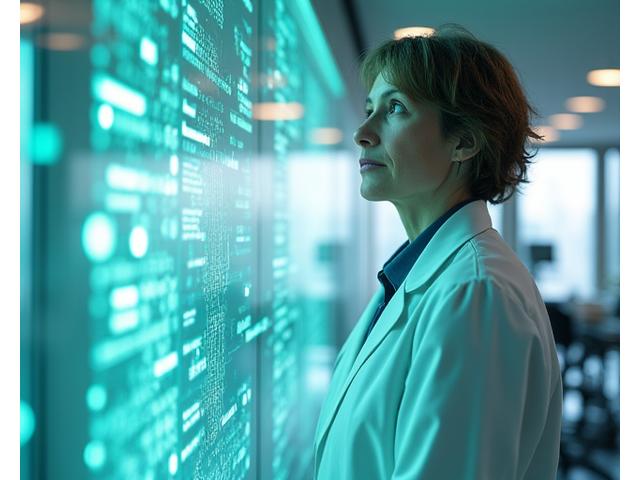 Científico examinando una célula o molécula en un microscopio, con gráficos de datos en el fondo, simbolizando investigación científica en prevención