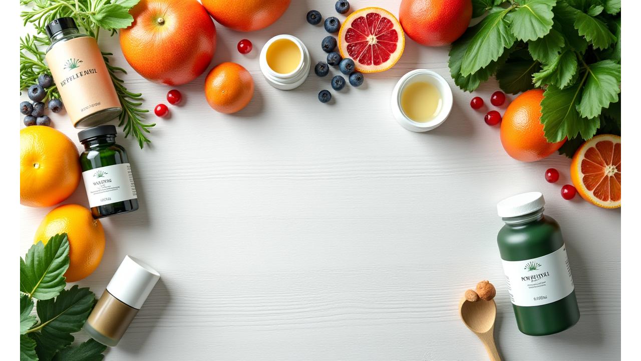 Un surtido vibrante de productos saludables como frutas frescas, hierbas aromáticas, suplementos en envases elegantes y alimentos orgánicos sobre una mesa de madera clara, simbolizando abundancia y bienestar.