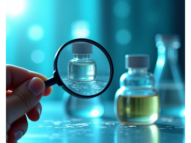 Mano sosteniendo una lupa sobre la etiqueta de ingredientes de un producto, con un fondo de gráficos de datos y elementos de laboratorio, simbolizando análisis y calidad.