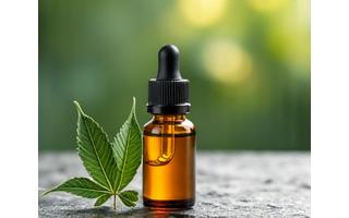 Frasco gotero de aceite CBD con hojas de cáñamo y pétalos de flores.