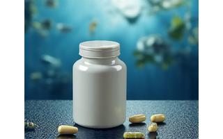 Botella de cápcuslas de Omega-3 con fondo de peces y alga marina.