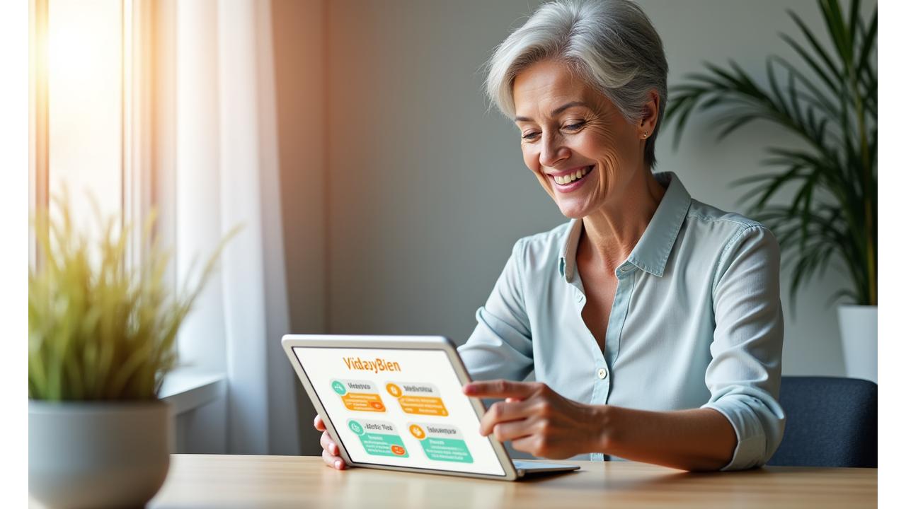 Mujer sonriente de mediana edad usando una tablet y señalando una pantalla con gráficos de bienestar y productos, simbolizando una interacción personalizada.