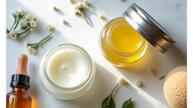 Botes de crema y aceites de belleza natural con ingredientes botánicos esparcidos.