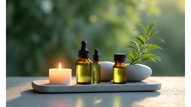 Velas aromáticas, aceites esenciales y piedras de masaje en un spa tranquilo.