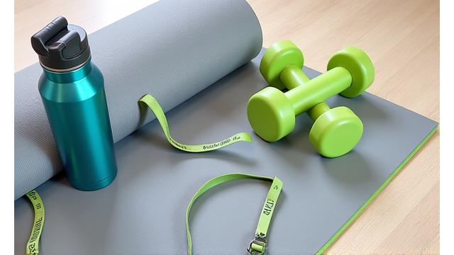 Pesas, una banda de resistencia y una botella de agua sobre una colchoneta de yoga después de un entrenamiento.