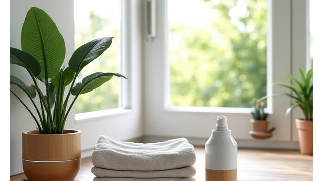 Plantas de interior, difusores y limpiadores ecológicos en una cocina limpia y bien iluminada.