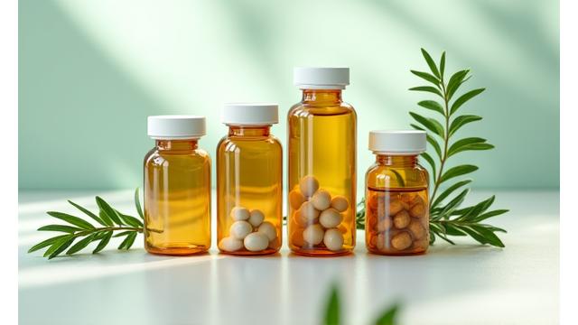 Cápsulas de suplementos y vitaminas junto a hojas verdes frescas sobre una superficie blanca.