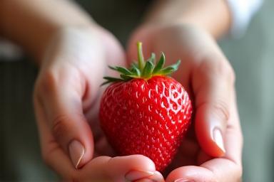 Primer plano de manos sosteniendo una fresa, destacando la textura y una gota de agua, simbolizando el comer consciente.