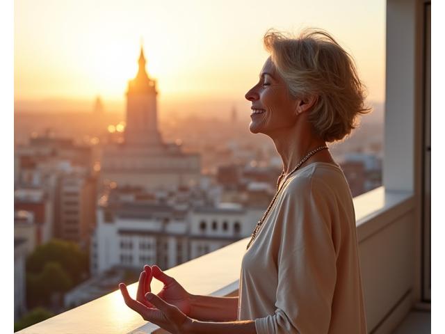 Mujer en sus 40s meditando tranquilamente en un balcón con vistas a edificios modernos de Madrid al atardecer, transmitiendo paz en un entorno urbano.