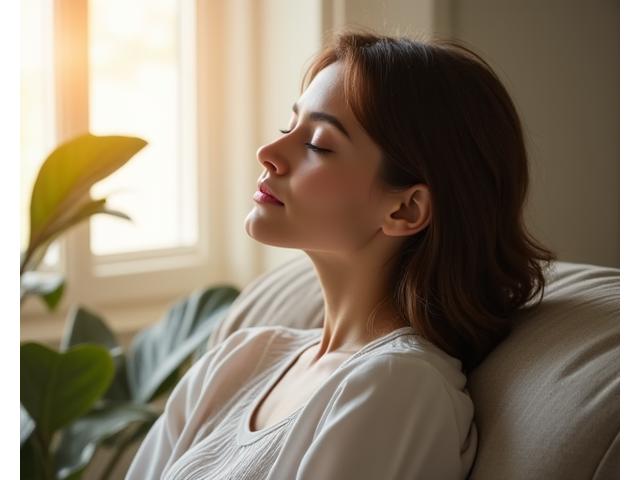 Persona adulta joven practicando meditación con auriculares, concentrada en un entorno tranquilo y minimalista con luz natural, simbolizando la claridad mental.