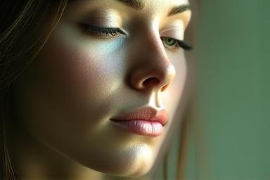 Persona respirando profundamente con ojos cerrados, con un aura de calma.