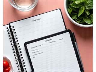 Cuaderno con plan de comidas y utensilios de cocina.