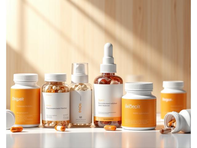 Variedad de suplementos nutricionales y probióticos en frascos elegantes.