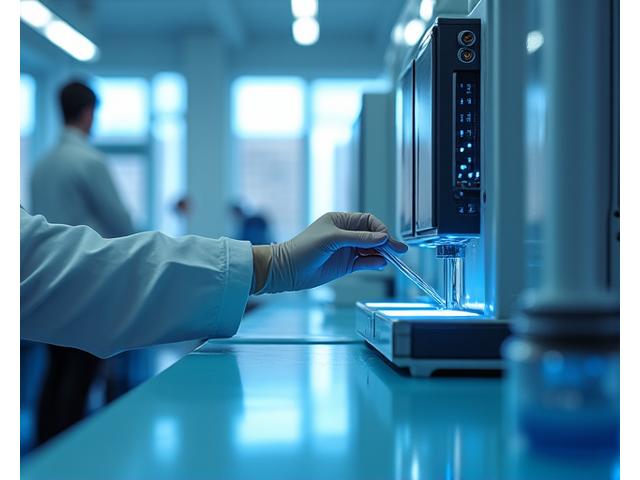 Científico analizando muestras en laboratorio con equipos avanzados.