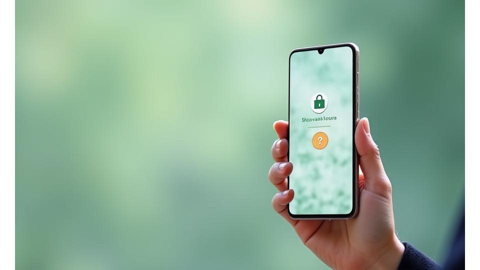 Mano sosteniendo un smartphone con un icono de un candado digital y un signo de interrogación, simbolizando consultas de privacidad seguras y accesibles.
