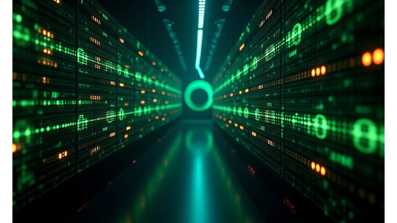 Una pared de código binario y escudos de seguridad digitales entrelazados, representando encriptación y protección de datos, en un ambiente futurista.