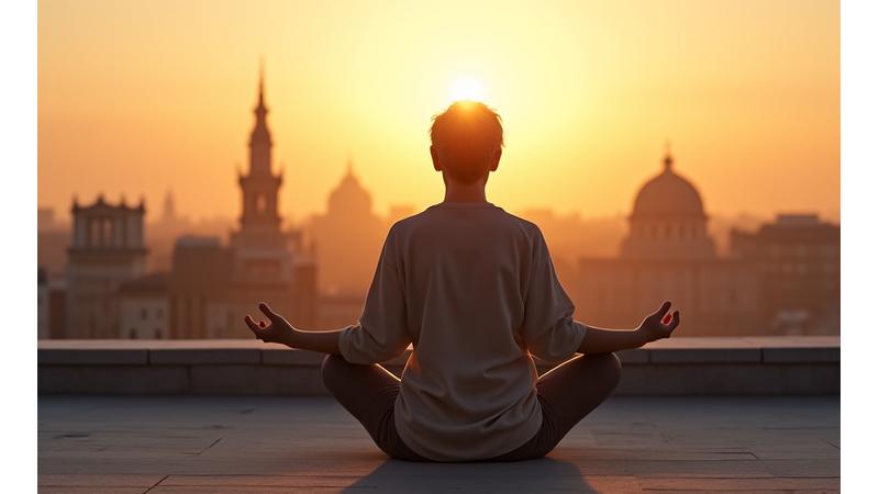 Persona adulta meditando tranquilamente en un entorno urbano de Madrid al amanecer, simbolizando la búsqueda de equilibrio en la vida moderna.