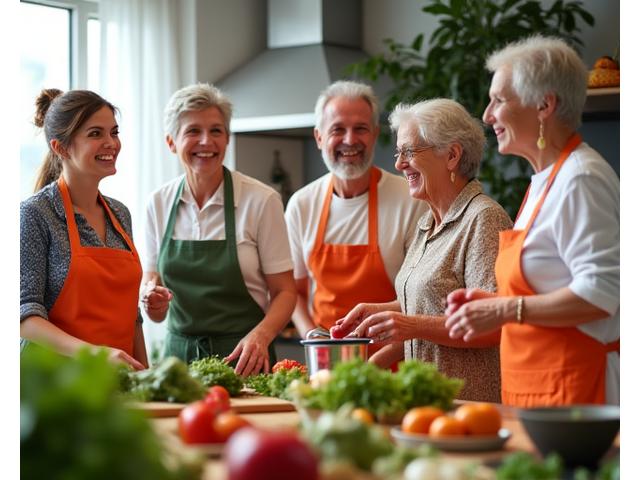 Grupo de personas adultas participando en una clase de cocina saludable en un centro comunitario en Madrid.