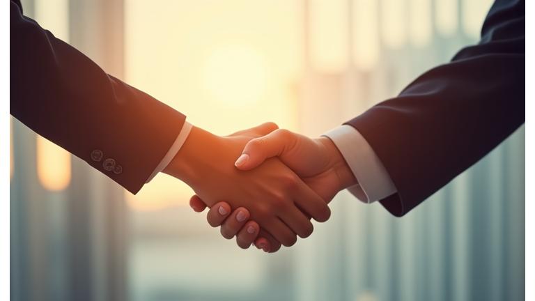 Iconografía abstracta de un apretón de manos con balanza de justicia, simbolizando la resolución de conflictos y acuerdos equitativos.